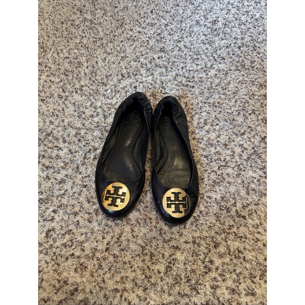 Tory Burch Leather Flat Black Ballet Shoe Women Size 7M Gold